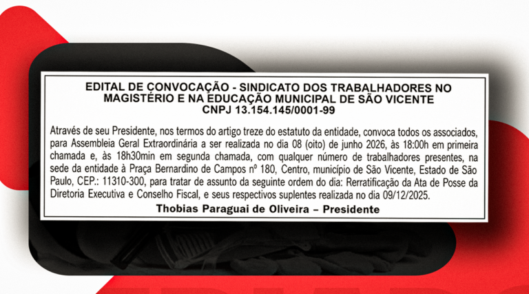 SINTRAMEM convoca Assembleia Geral Extraordinária para o dia 8 de junho em São Vicente